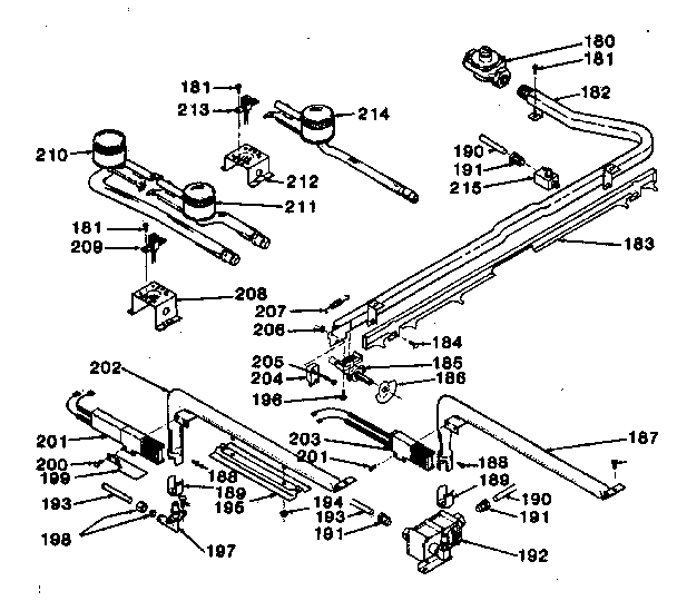 Oven burner and top burners section