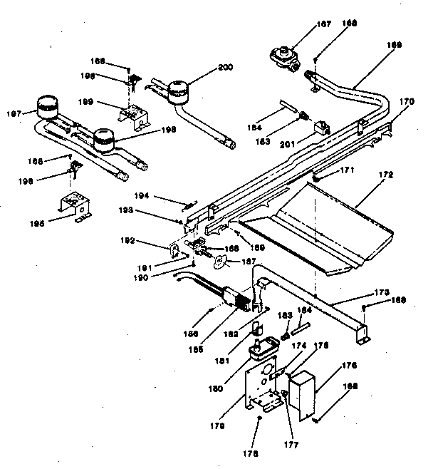 Oven burner and top burners section