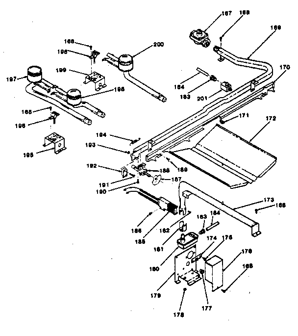 Oven burner and top burners section