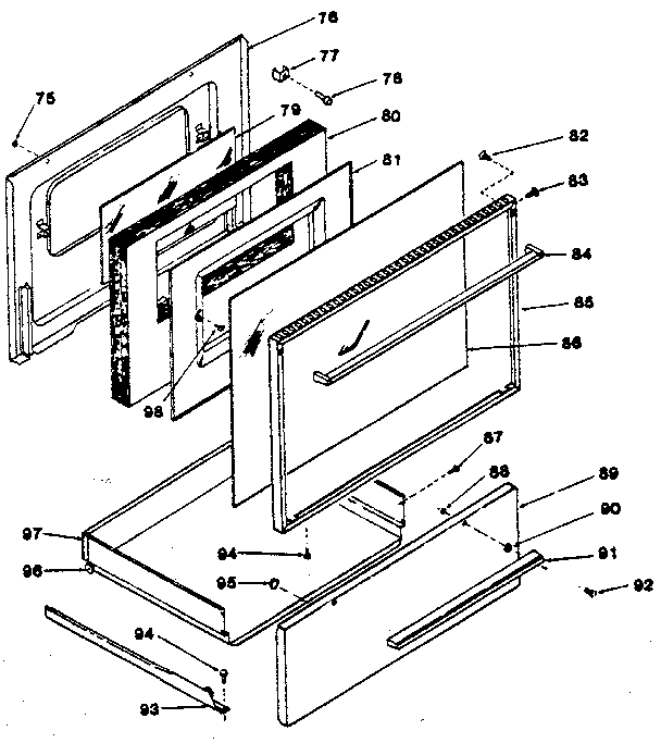 Oven door and storage drawer
