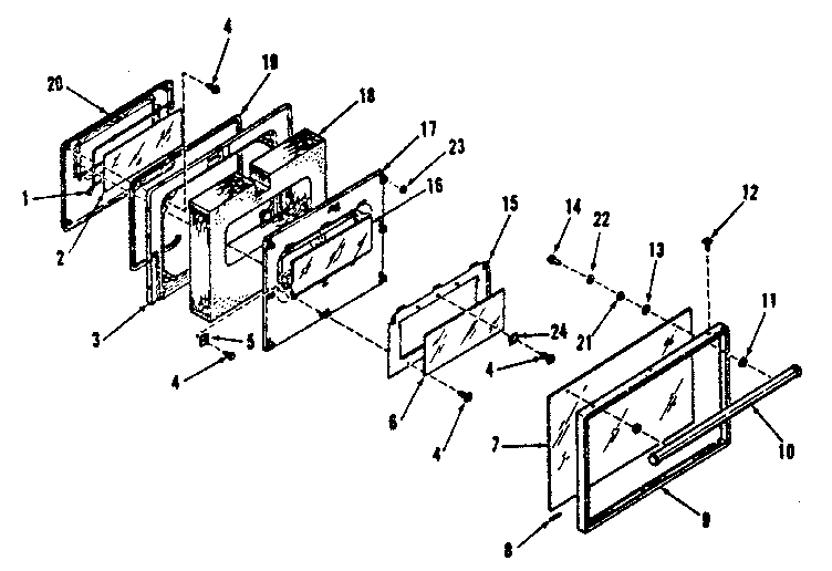 Illustration and parts list for oven door section