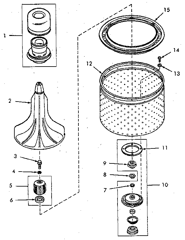 AGITATOR, DR. BELL SEAL SEAT, LINT FILTER, WASHTUB & HUB