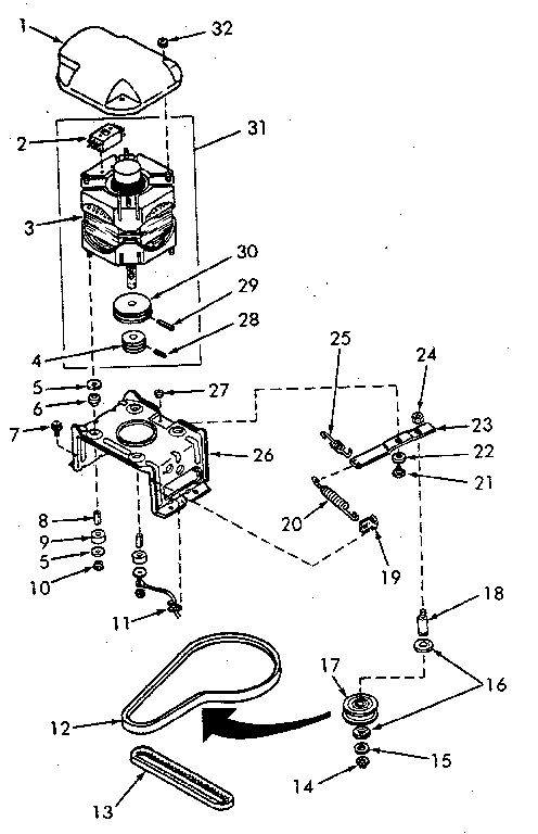 Motor, mounting bracket, belts and idler assembly