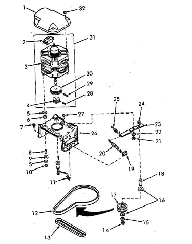 Motor, mounting bracket, belts and idler assembly