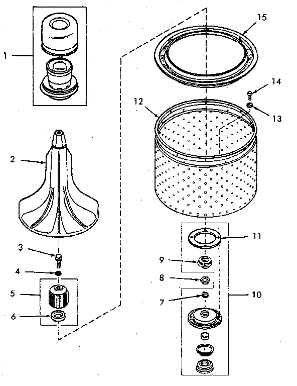 AGITATOR, DRIVE BELL, SEAL SEAT, LINT FILTER, WASHTUB & HUB