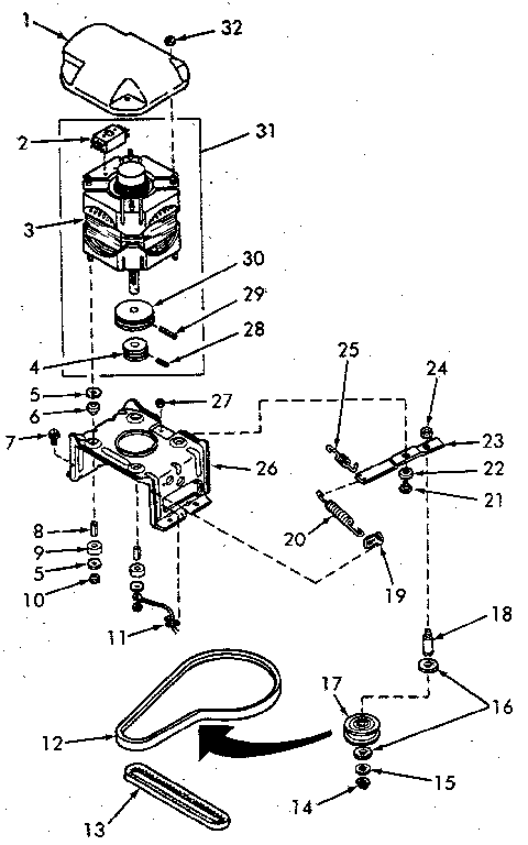 Motor, mounting bracket, belts and idler assembly