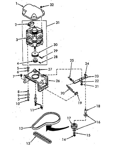 Motor, mounting bracket, belts and idler assembly