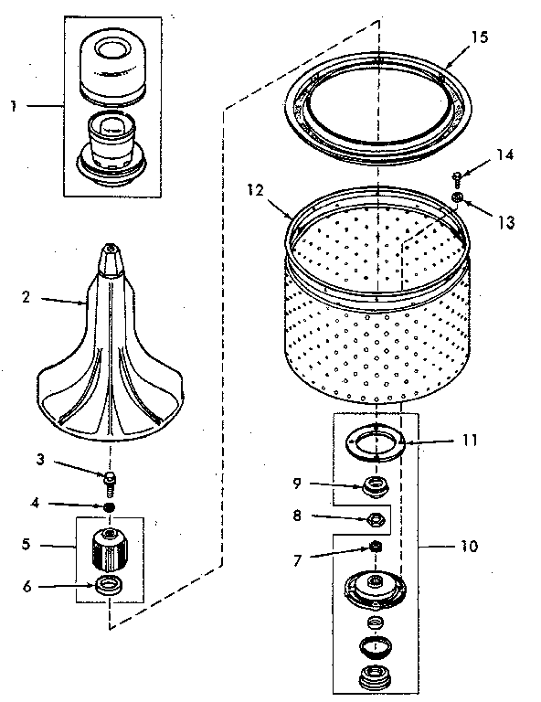 AGITATOR, DRIVE BELL, SEAL SEAT, LINT FLTR, WASHTUB & HUB