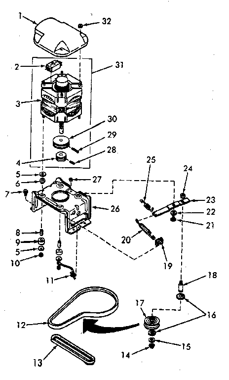 Motor, mounting bracket, belts and idler assembly