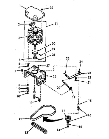Motor, mounting bracket, belts and idler assembly