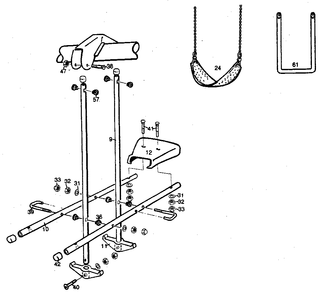Airglide, swing seats, trapeze assembly