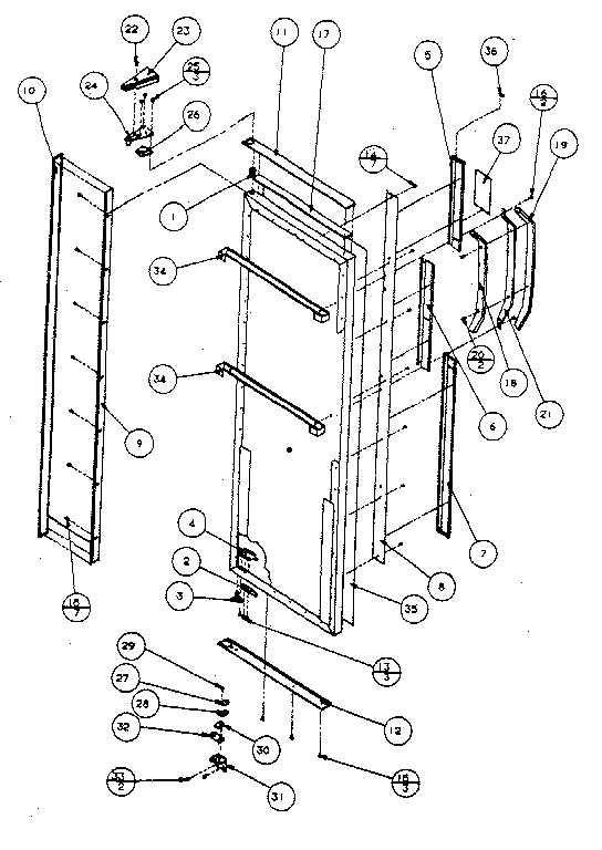 Refrigerator door, hinge and trim