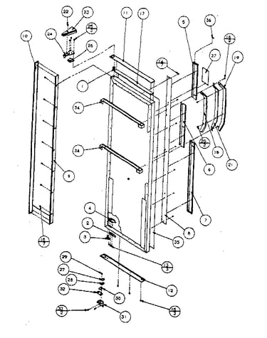 Refrigerator door, hinge and trim
