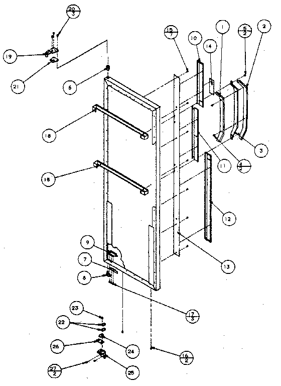 Refrigerator door, hinge and trim