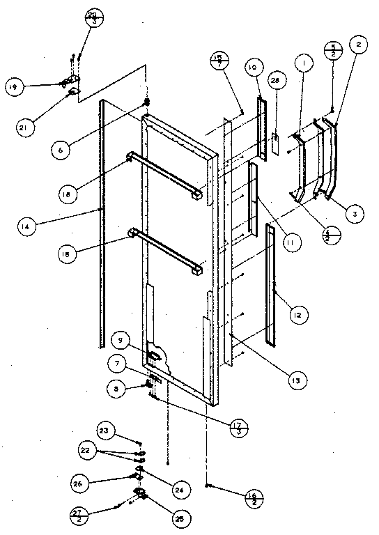 Refrigerator door, hinge and trim