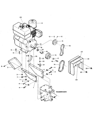 Engine & support brackets, pulleys, belts, belt cover