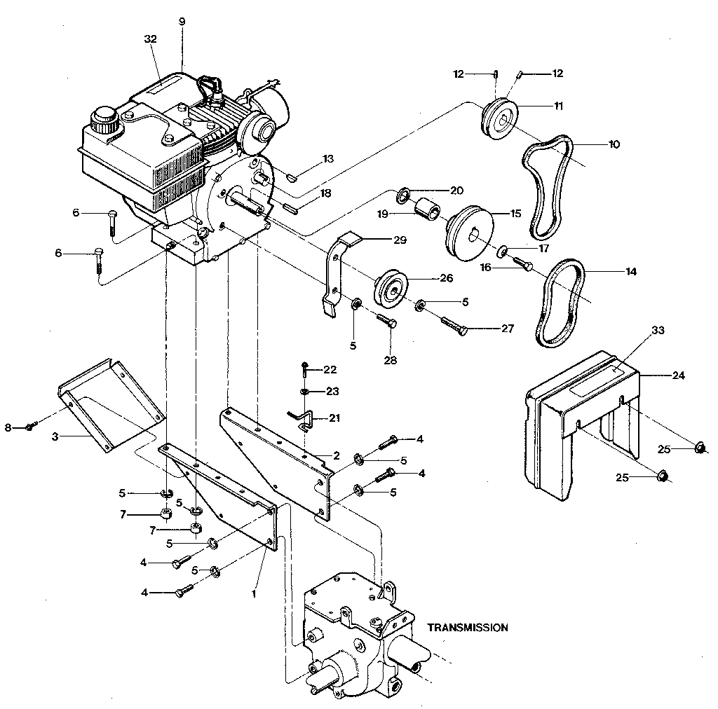 Engine & support brackets, pulleys, belts, belt cover