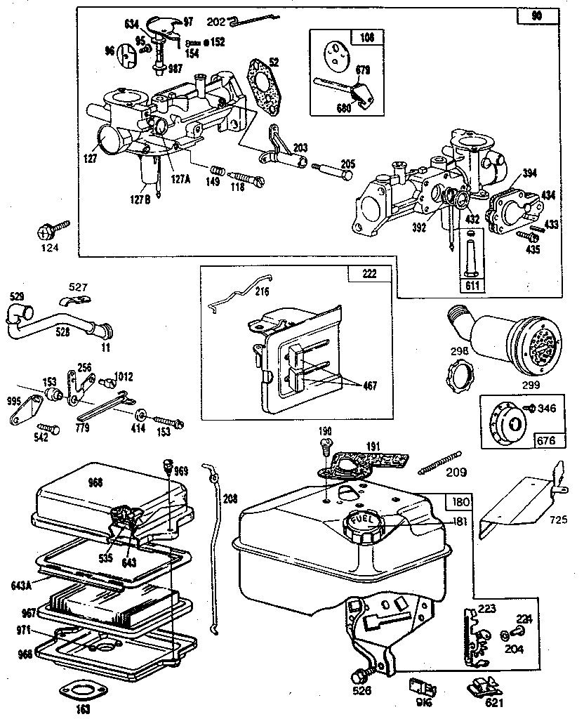 Air cleaner, carburetor, and fuel tank assembly
