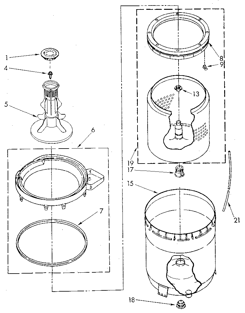 Agitator, basket and tub