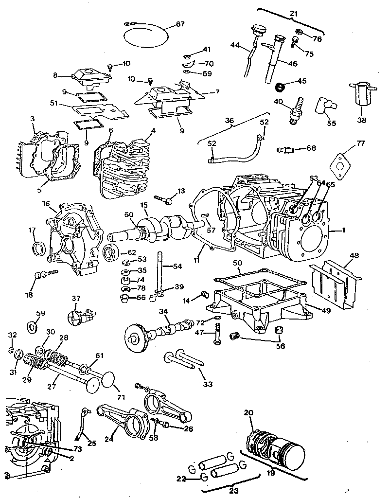 Cylinder, crankshaft and engine base