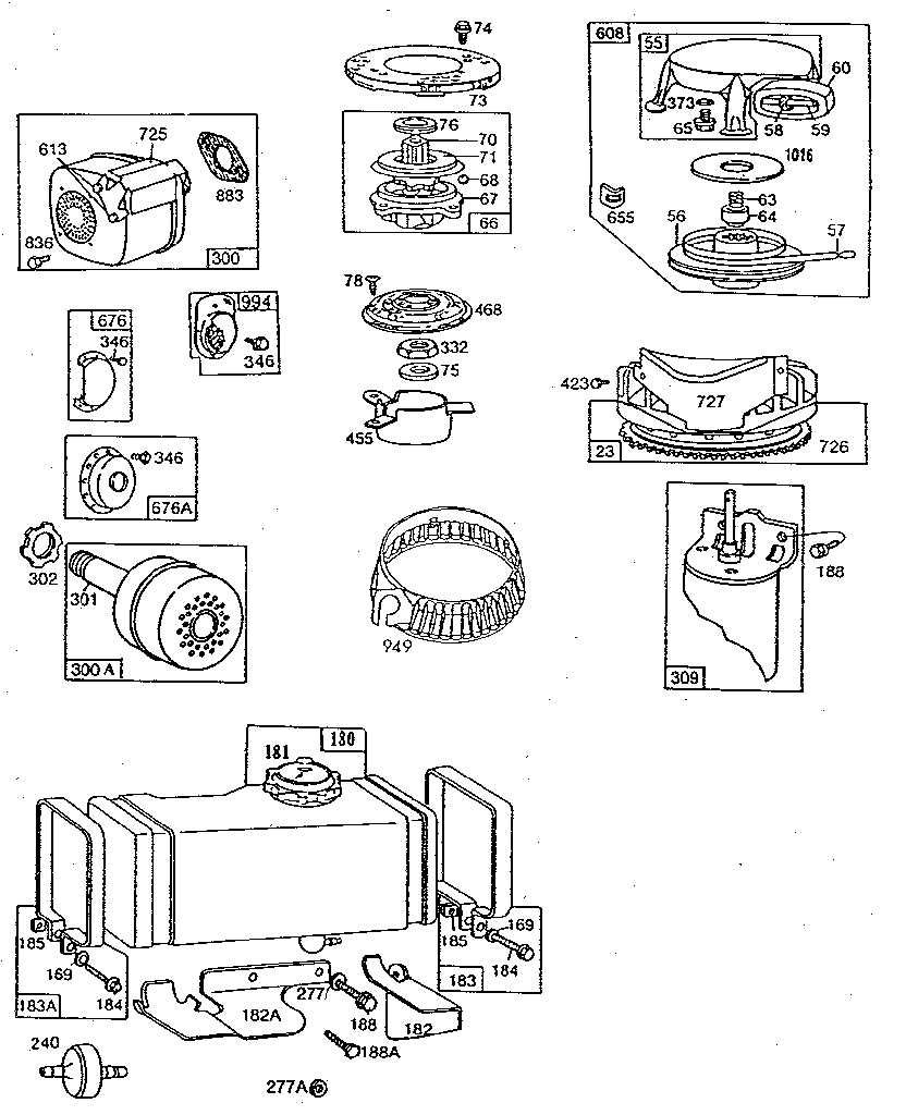 Rewind starter and fuel tank assembly