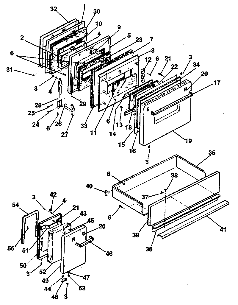 Doors, latch mechanism and drawer assemblies.