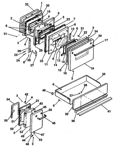 Doors, latch mechanism and drawer assemblies.