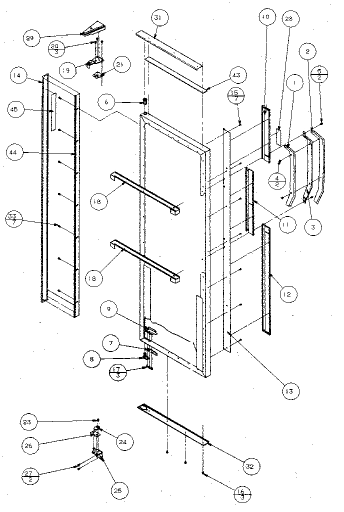 Refrigerator door, hinge, and trim