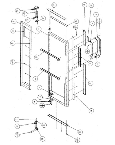 Refrigerator door, hinge, and trim