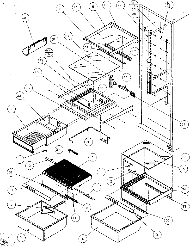 Refrigerator shelving and drawers