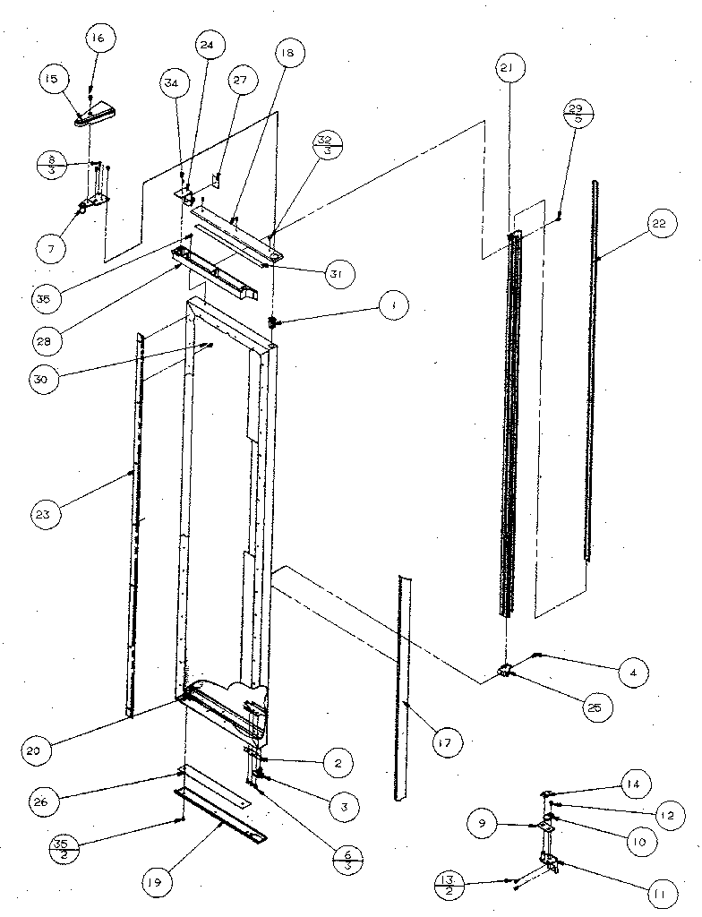 Freezer door, hinge, and trim