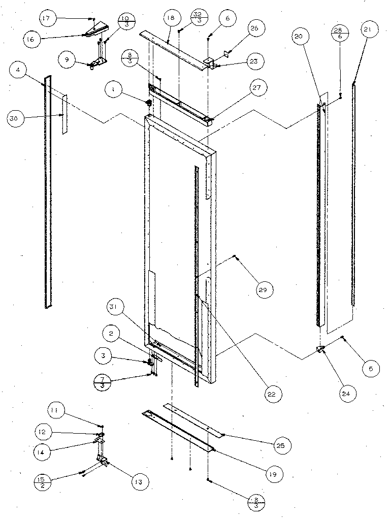 Refrigerator door, hinge, and trim