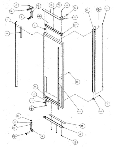 Refrigerator door, hinge, and trim