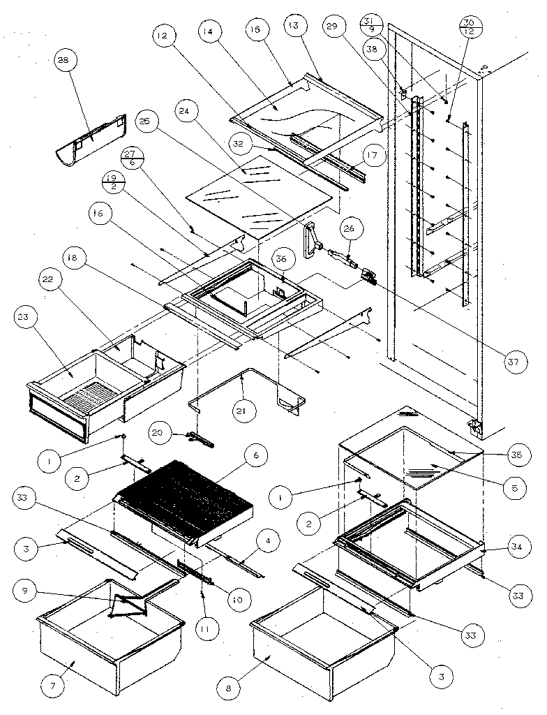 Refrigerator for shelving and drawers
