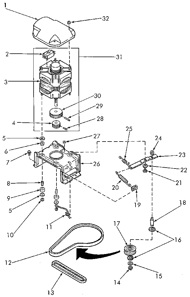Motor, mounting bracket, belts and idler assembly