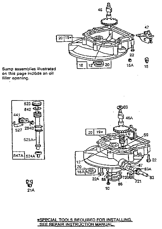 Sump engine with oil filter