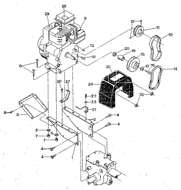 Engine & support brackets, pulleys, belts, belt cover