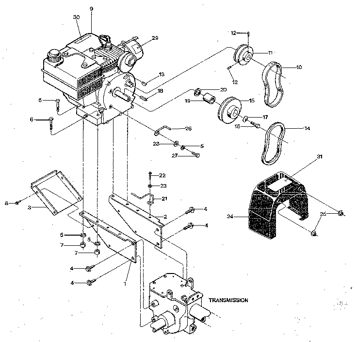 Engine & support brackets, pulleys, belts, belt cover