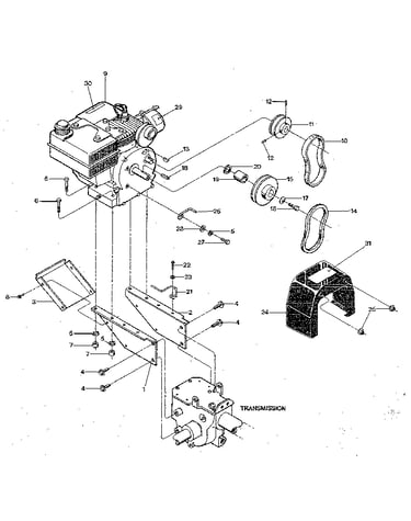Engine & support brackets, pulleys, belts, belt cover