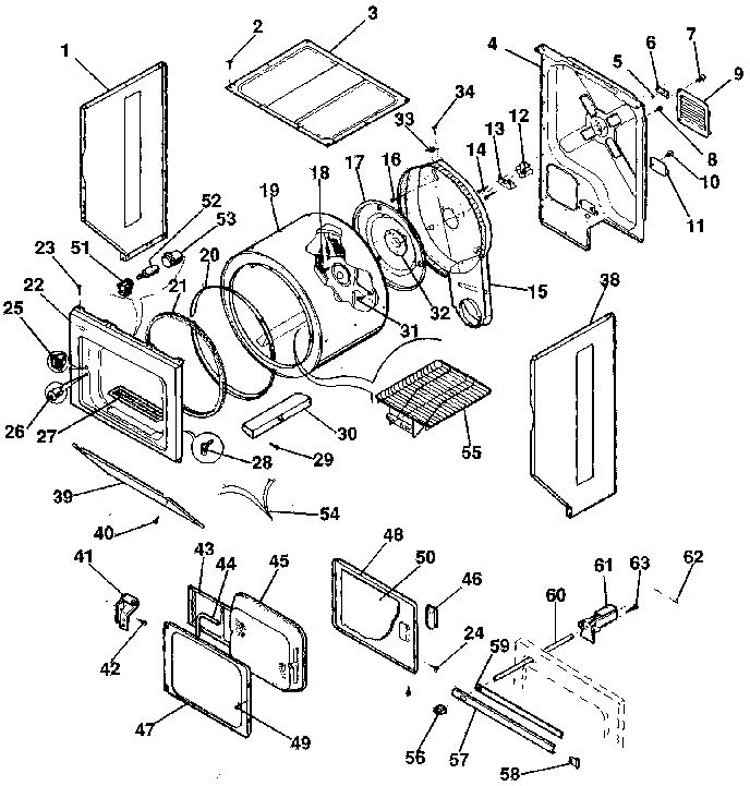 Dryer, cabinet, drum, heater