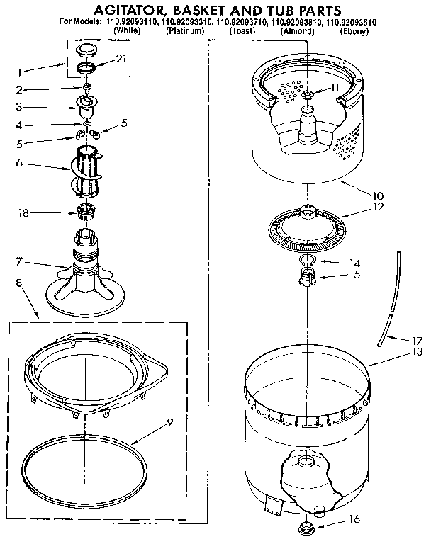 Agitator, basket and tub