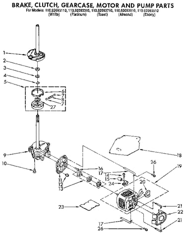 Brake, clutch, gearcase, motor and pump