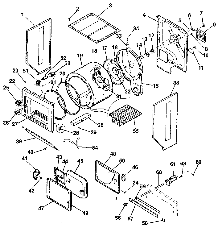 Dryer, cabinet, drum, heater