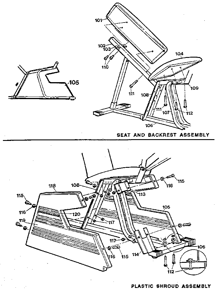 Seat, backrest, and plastic shroud assembly