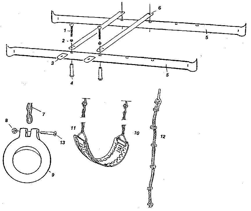 Ladder rail and swing - play assembly