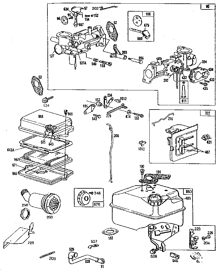 Air cleaner, carburetor, and fuel tank assembly