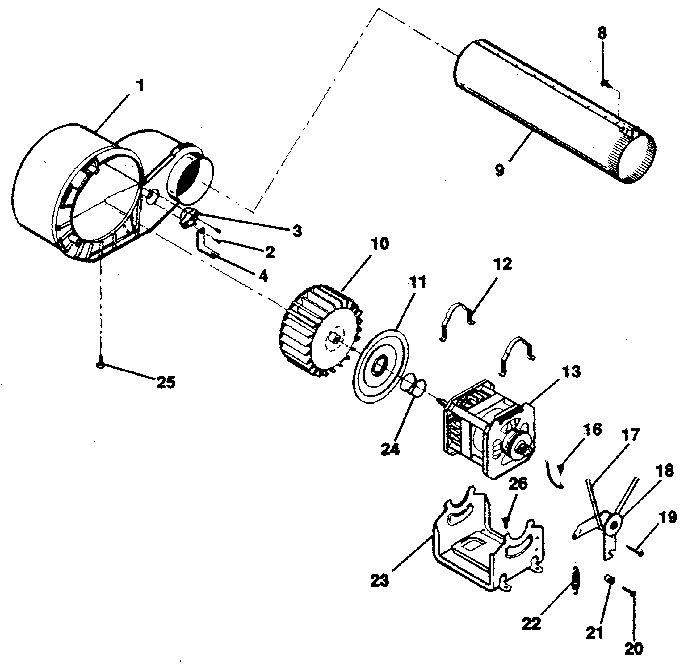 Motor, fan housing, exhaust duct