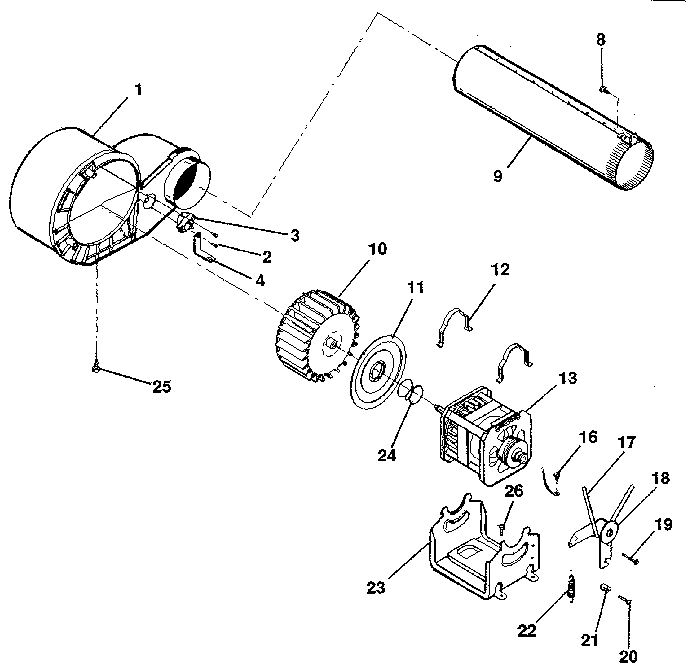 Motor, fan housing, exhaust duct