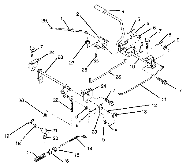 Parking brake/rear mower lift assembly