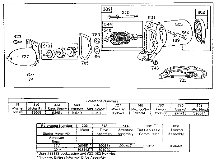 Starter motor assembly and reference chart